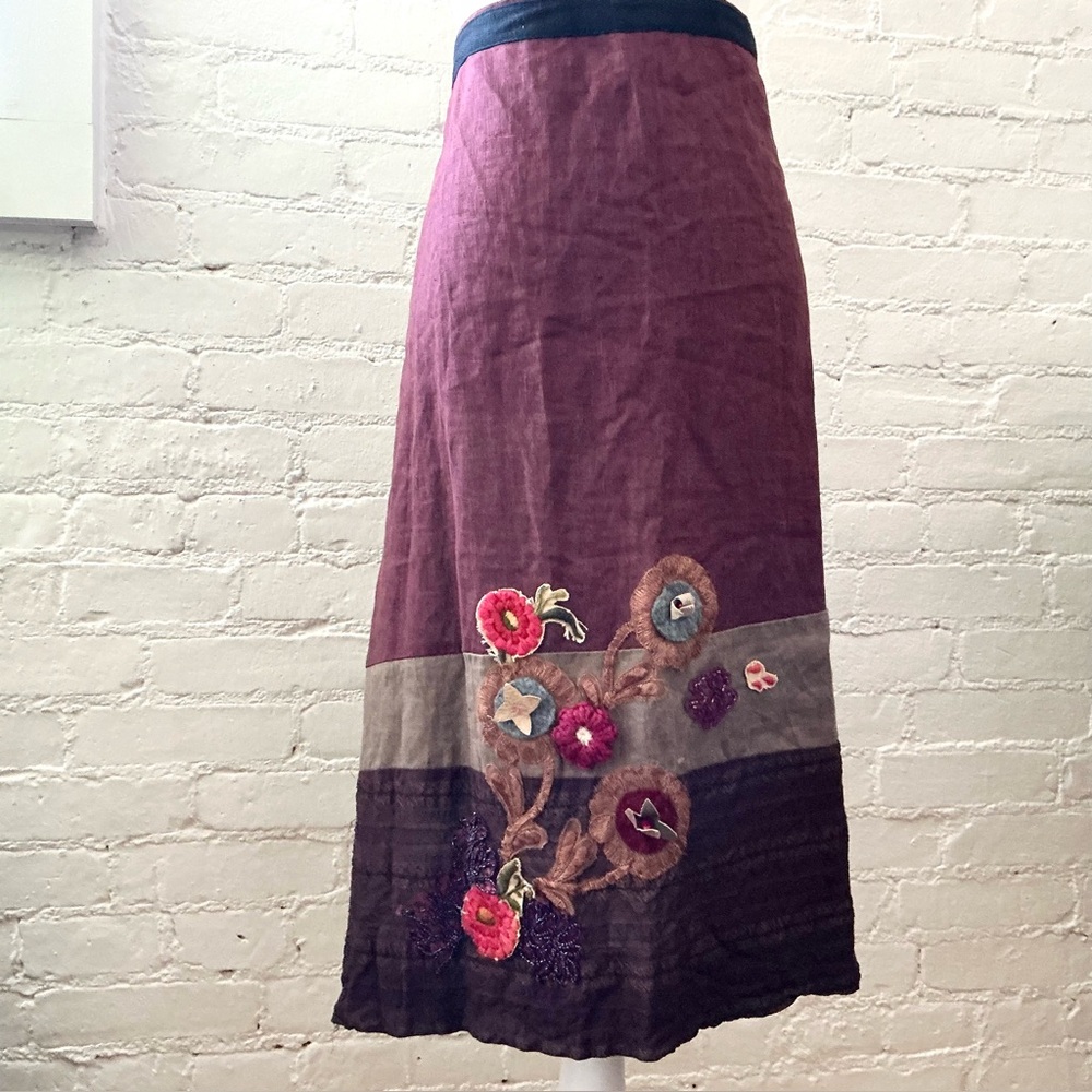 Vintage Handmade Long Apron Skirt Boho Embroidered Flowers 3D Boho Linen Blend
